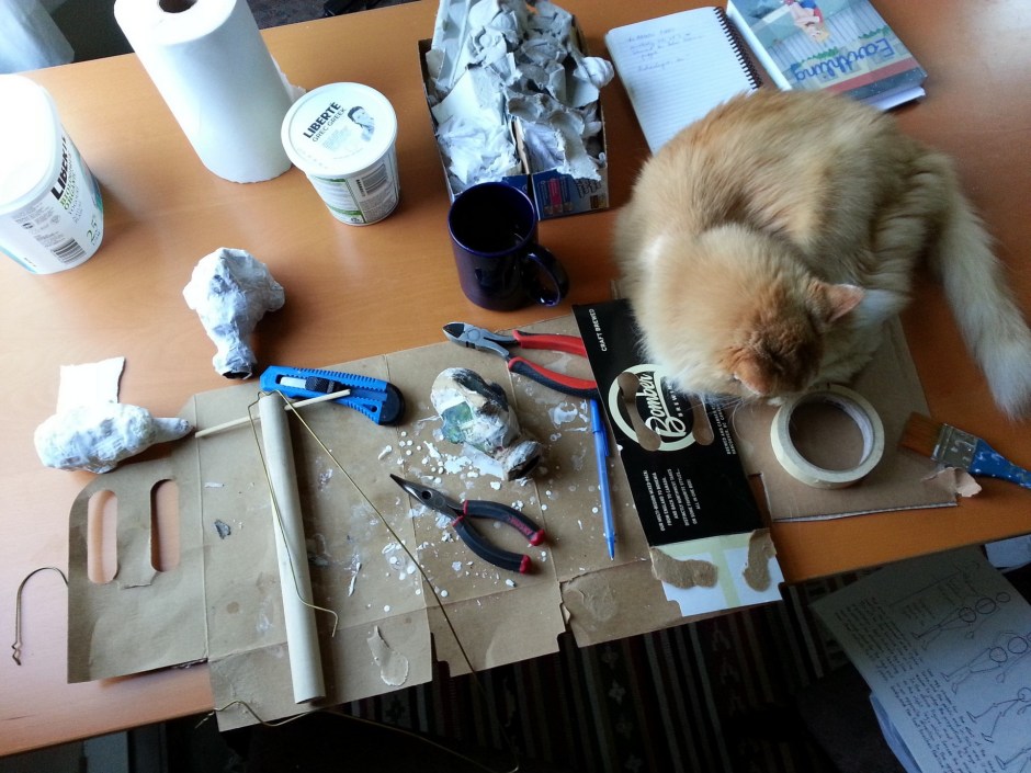 cat puppetry paper maché puppet construction help pet
